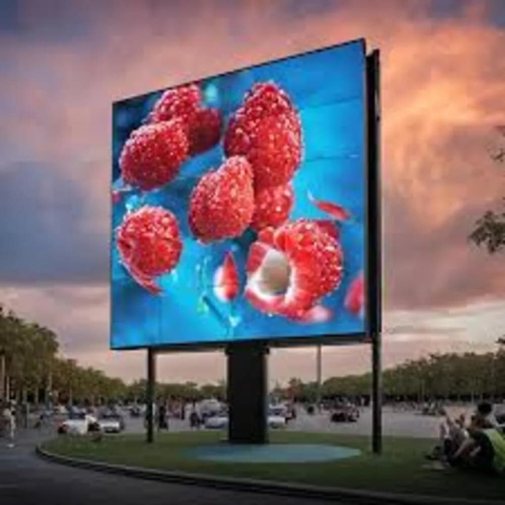 Roadside LED billboard on two poles at dusk showing red berries
